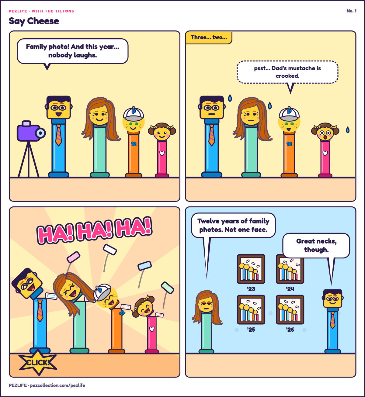 The first PezLife strip: the Tilton family tries to take a family photo, everyone laughs, all four heads flip back and candy flies at the camera.